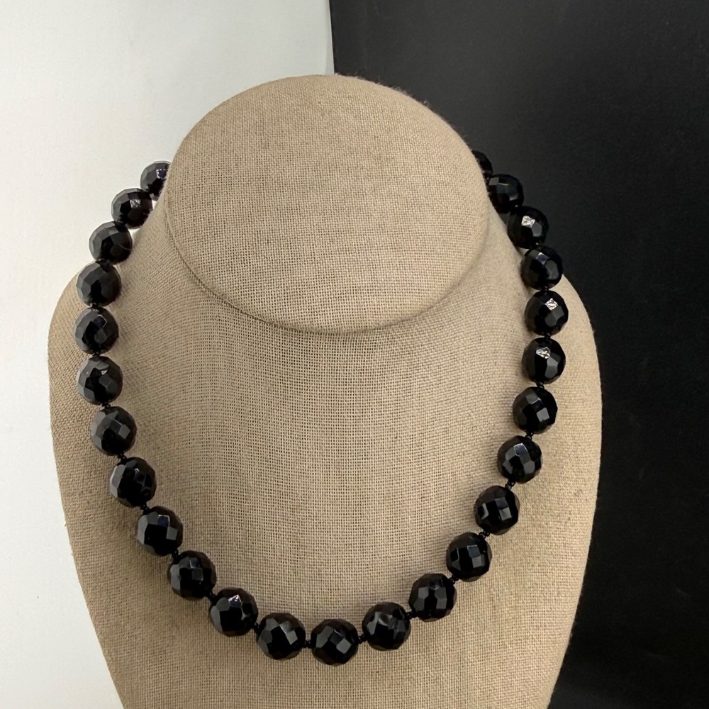 Vintage Black‎ Faceted Glass Necklace Beaded 17"